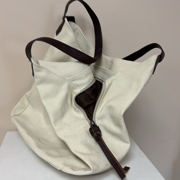 Canvas Shoulder Bag/Tote Bag Cream/Ivory W/Brown Lining 3 Compartments - Picture 3 of 9